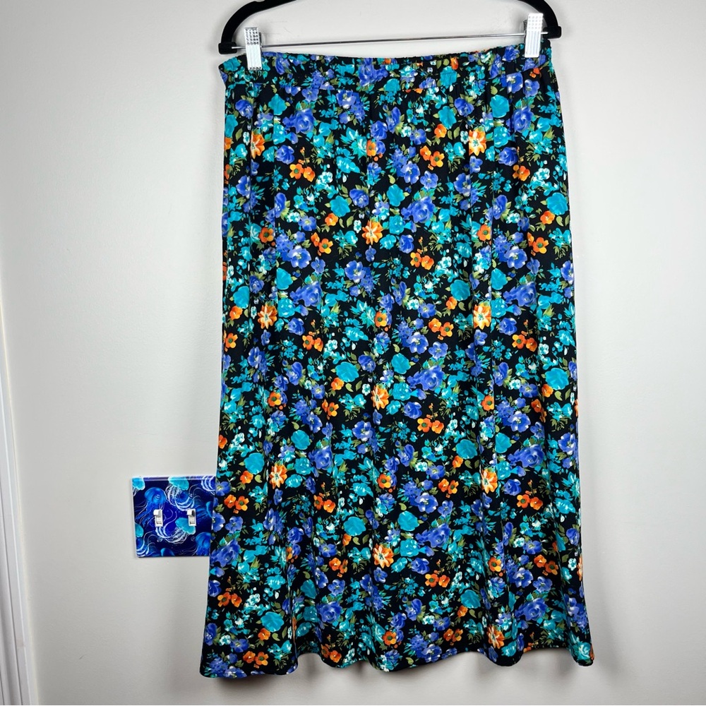 Vintage R&K Originals Blue Orange Floral Midi Skirt Cottagecore Rayon Large Boho